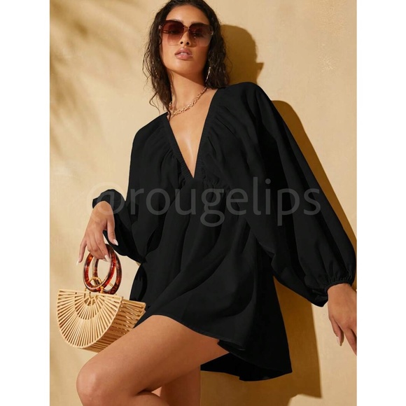 Black Boho Mini Dress Frill Batwing Bishop Sleeve Deep V Neck Flared - Picture 1 of 6